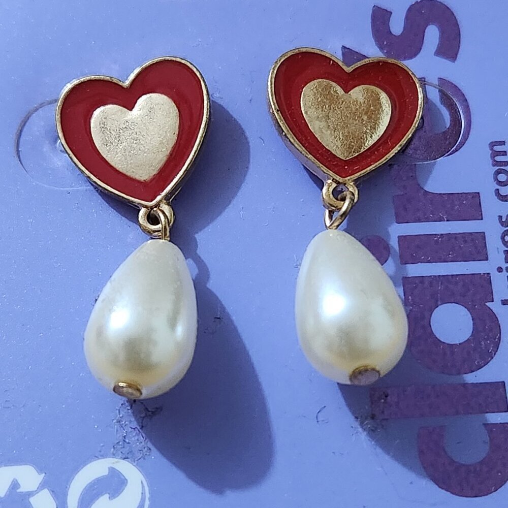Claire's Red Heart and Pearl Pierced Earrings